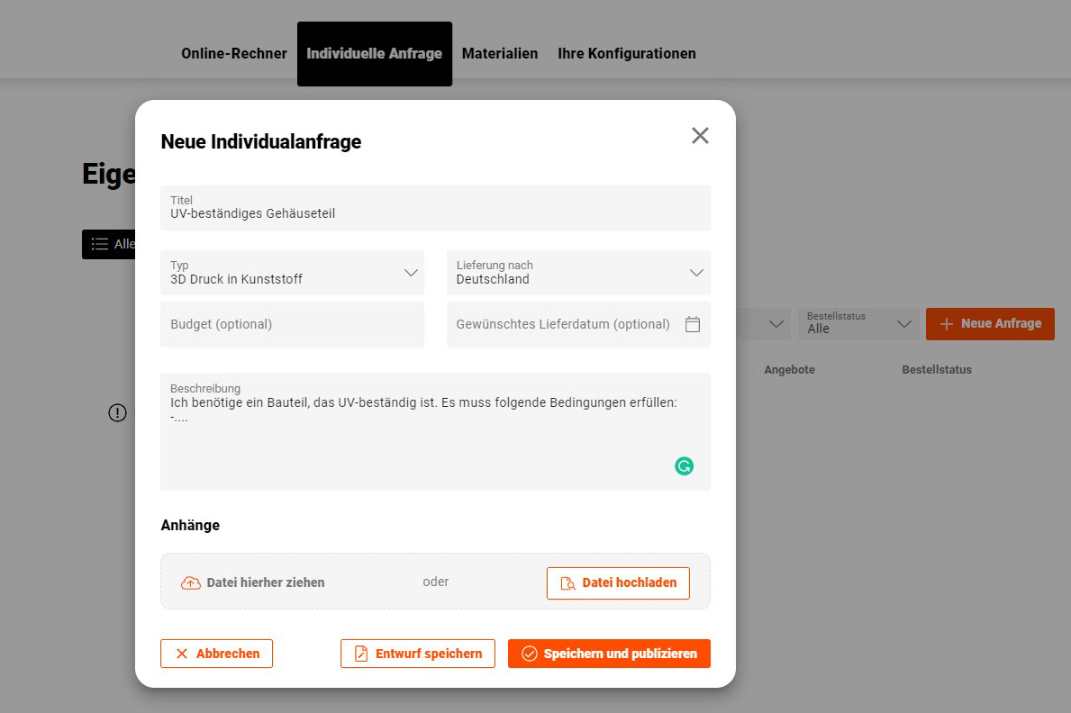 Jellypipe 3D-Druck-Plattform individuelle Projektanfrage