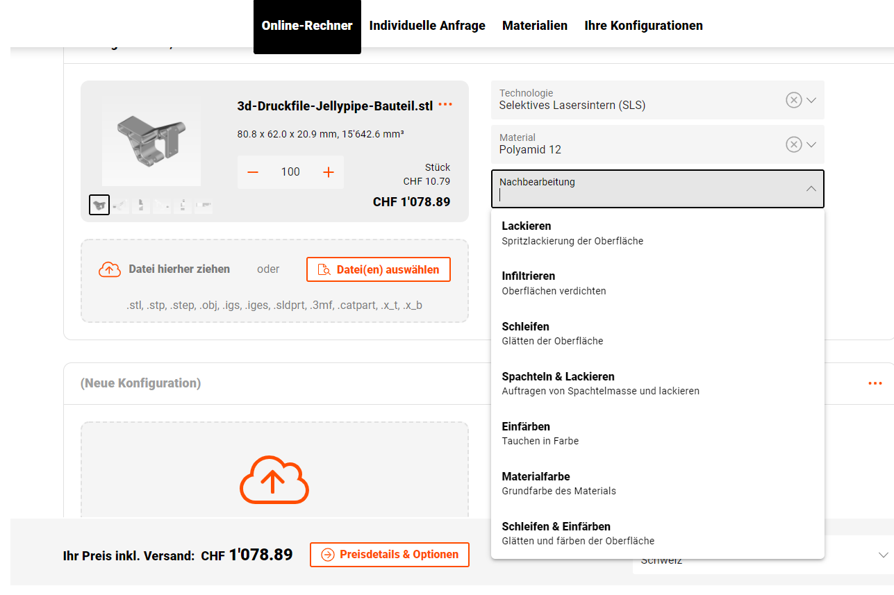 Auswahl der Nachbearbeitung für 3D-Druckteile auf der Jellypipe Plattform