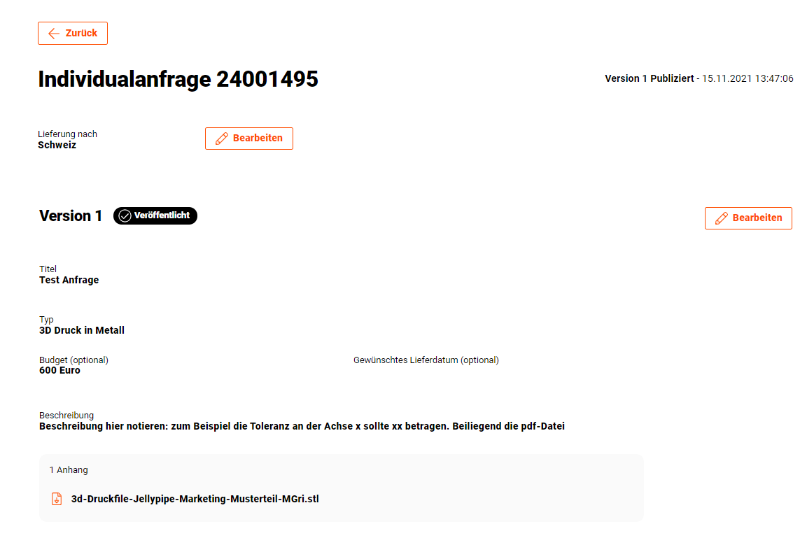 Jellypipe Plattform V3 Beispiel individuelle Anfrage
